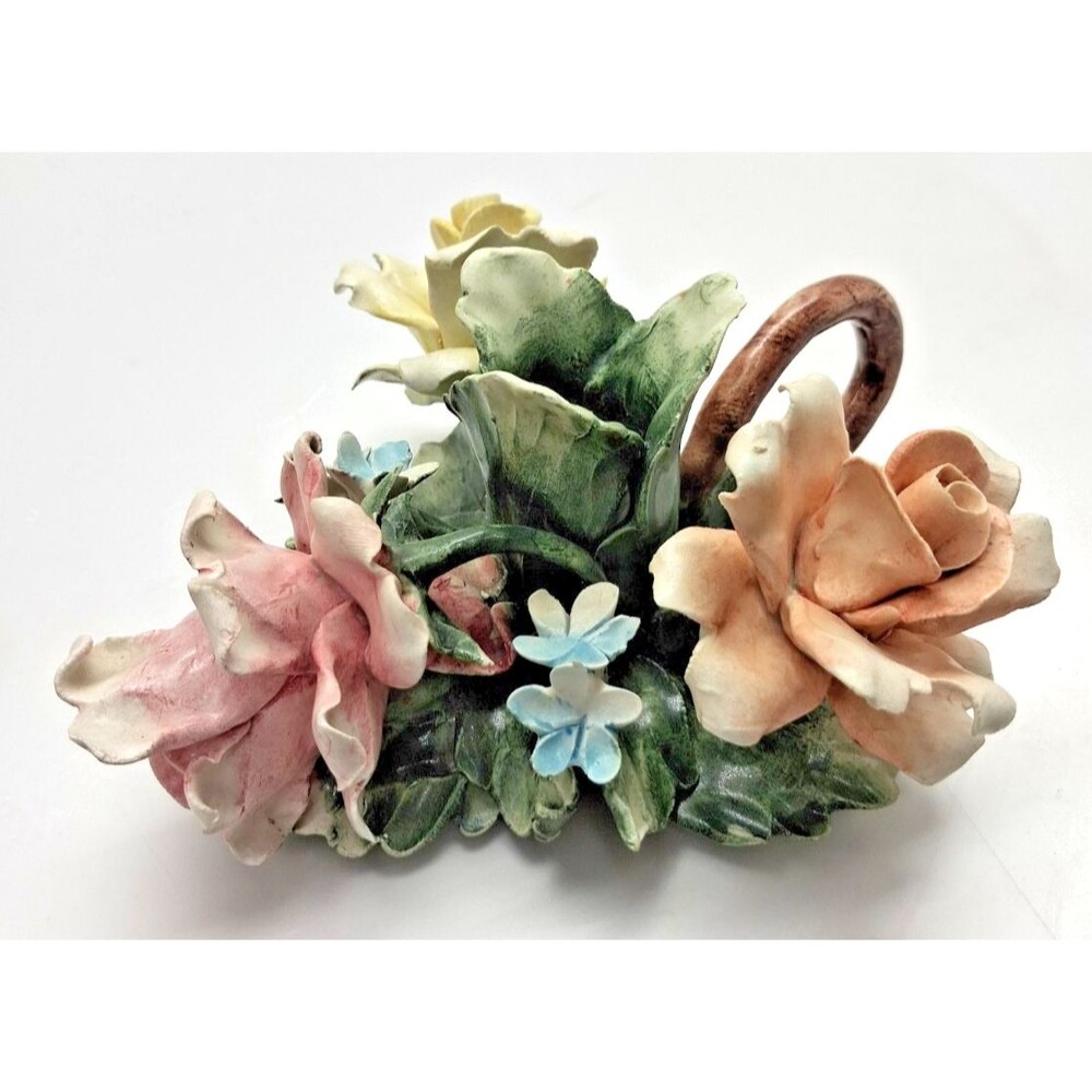 Vintage Capodimonte Italy Porcelain Floral Candle Holder Hand Painted Roses
